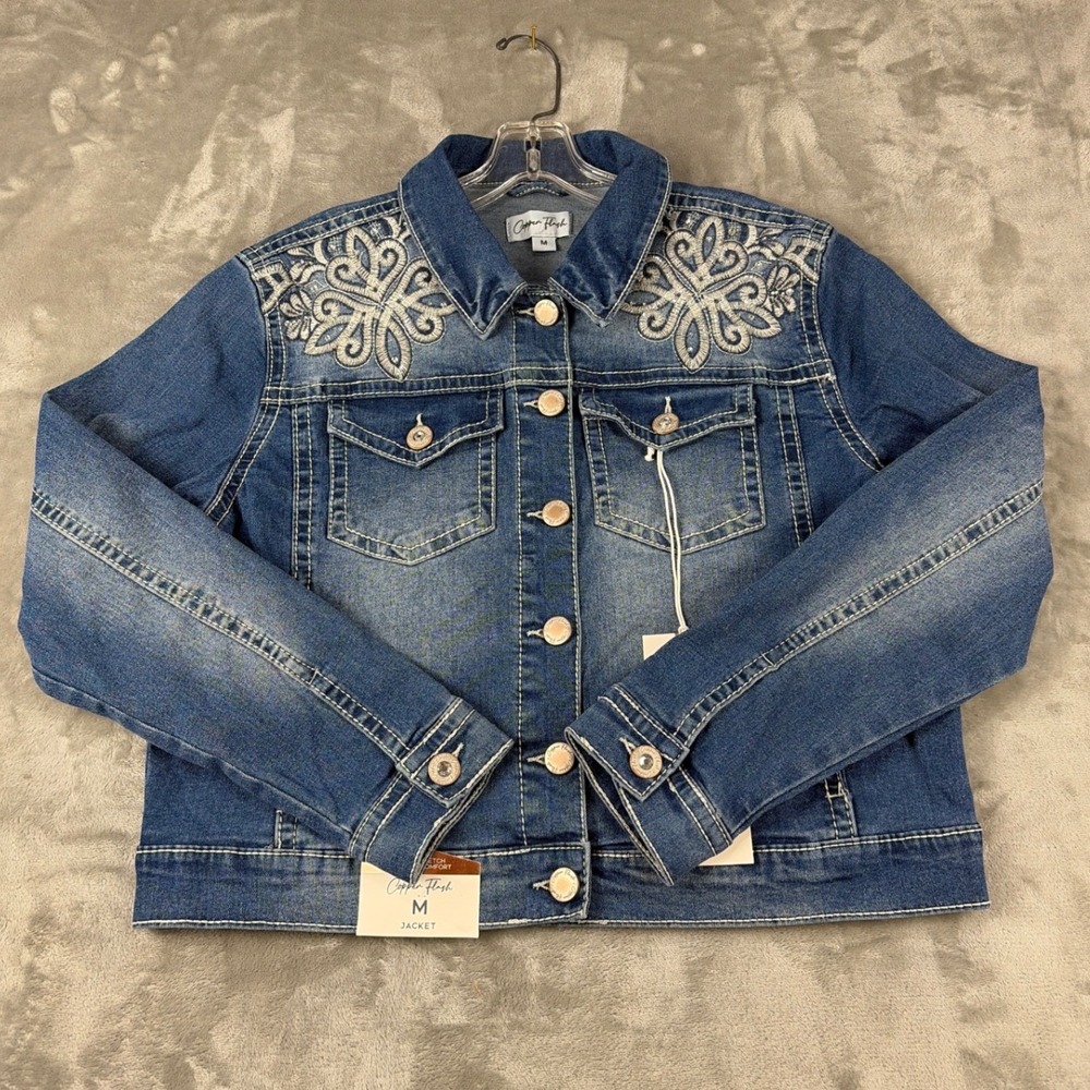 Copper Flash Womens Embroidered Denim Jacket Cadence Blue Rhinestone Button NEW